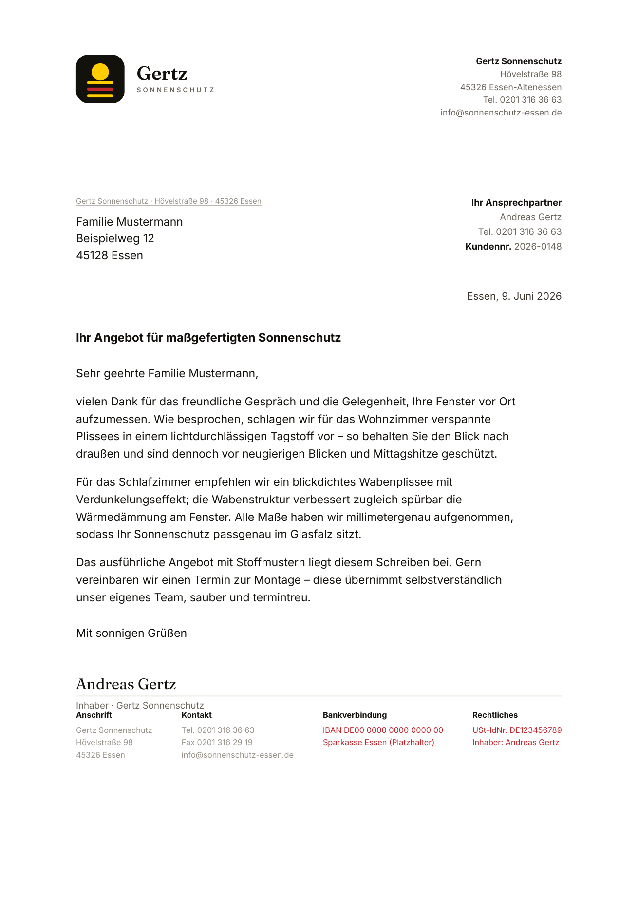 Vorschau des Briefbogens mit Briefkopf und Beispielbrief